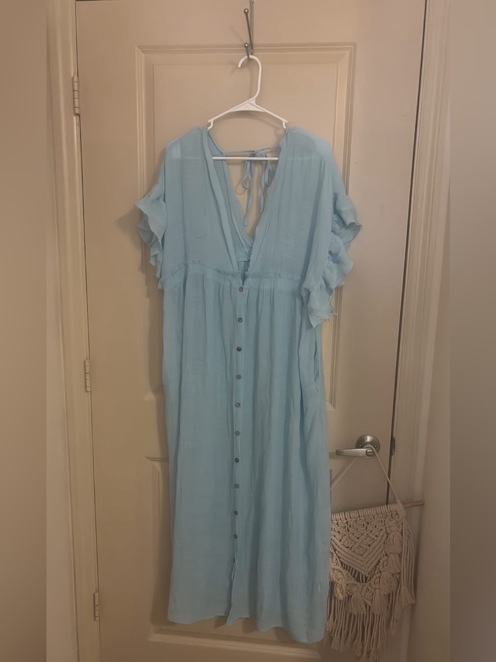 Light Blue Button-Front Ruffle Sleeve Maxi Dress - Picture 1 of 4